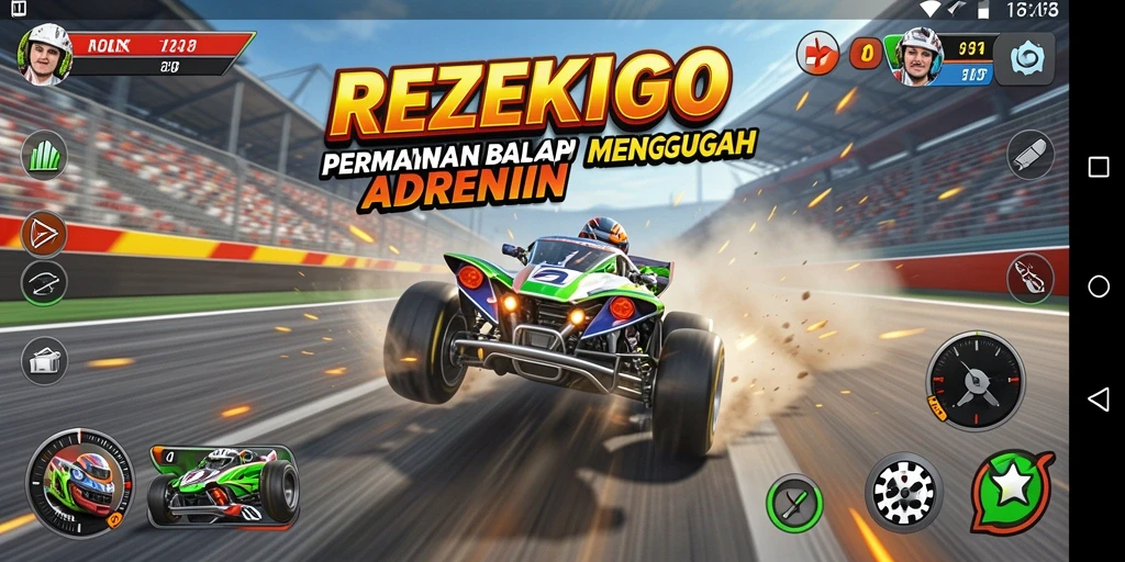 Tampilan gameplay balap yang penuh aksi dan kecepatan di REZEKIGO.