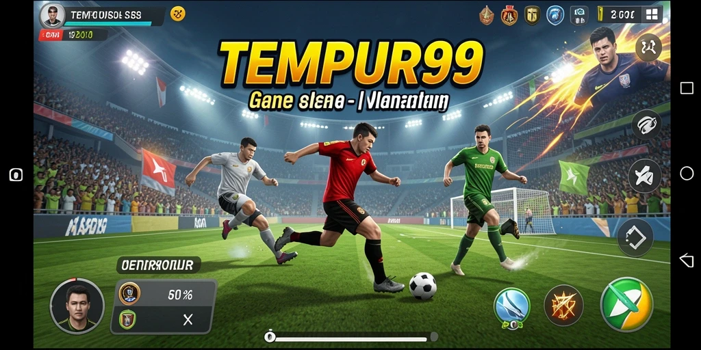 Screenshot utama TEMPUR99 menampilkan pertandingan olahraga yang mendebarkan.